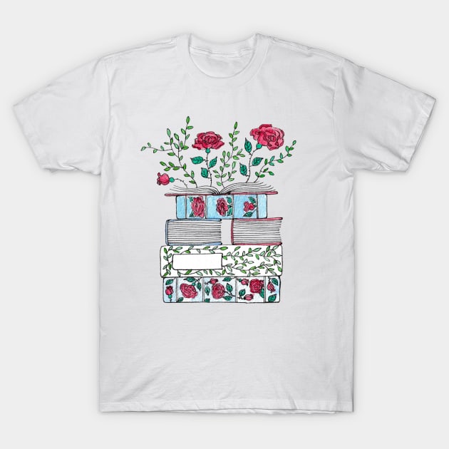 Blooming Stack of Books T-Shirt by BiblioartsbyEmma